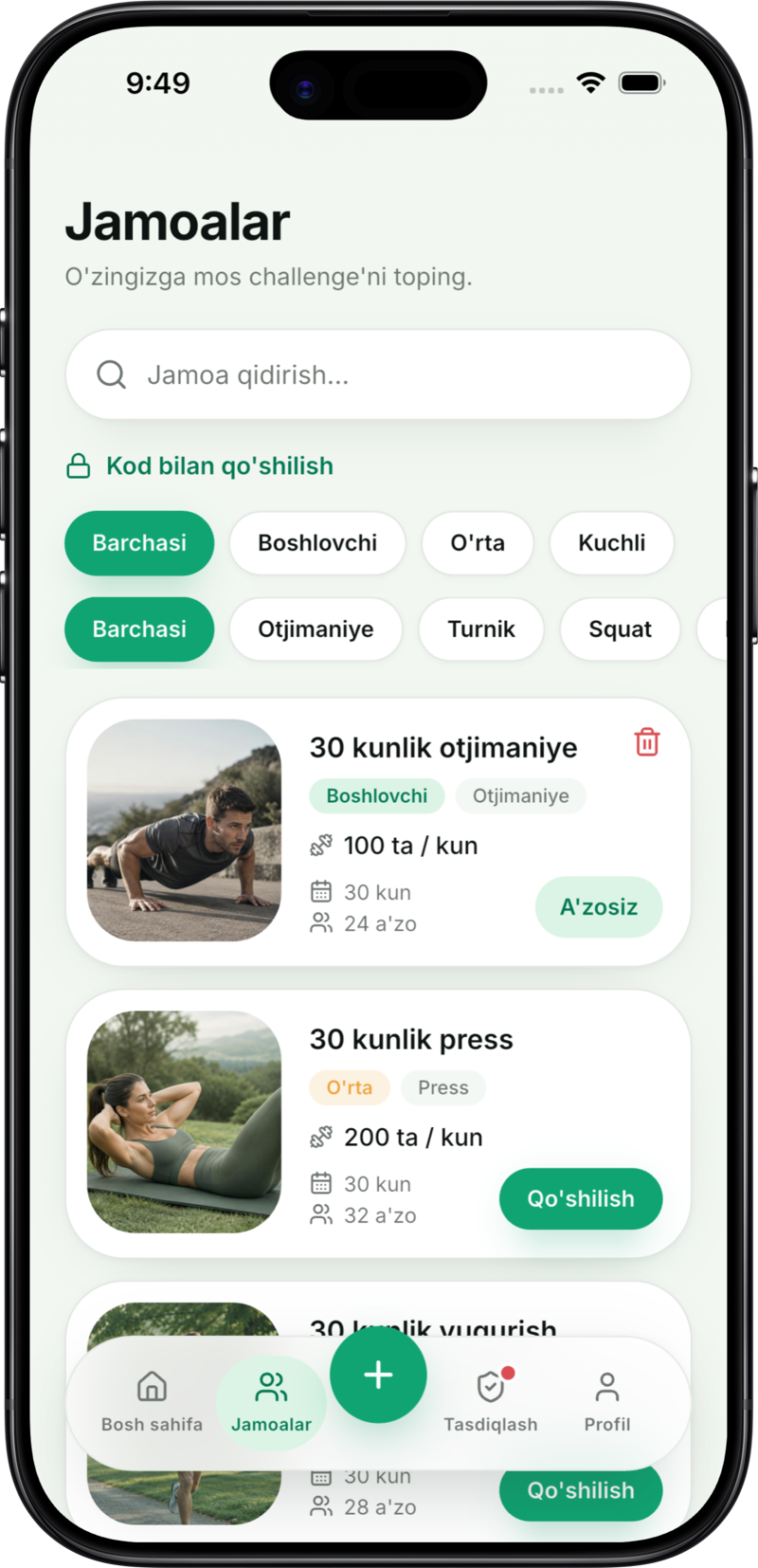 JamFit ilovasi: jamoalar