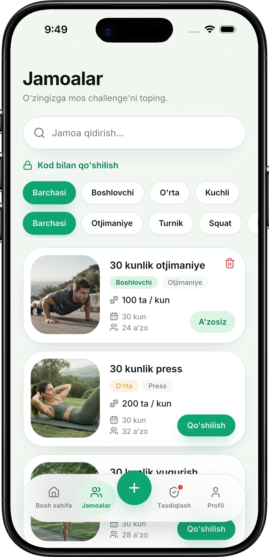 JamFit ilovasi ekrani